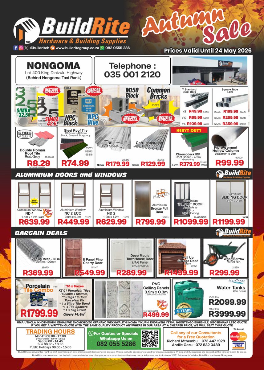 BuildriteH's tweet image. BuildRite Hardware Autumn Sale is now on at Nongoma...Are you ready for these Crazy Prices and many more Amazing deals!!!😁

#buildritehardware #hardware #hardwarestore #affordable #dream
#nongoma #zululand #kwazulunatal #035 #3950