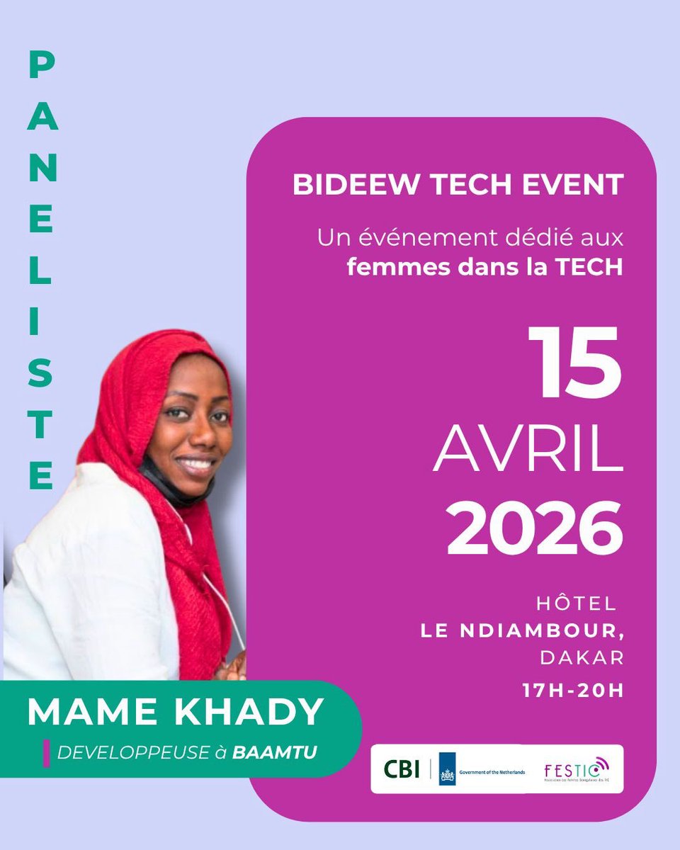 FESTICsn's tweet image. J-4 avant le grand Jour 
BIDEEW TECH EVENT, c’est le 15 avril à l’hôtel Le NDIAMBOUR

Découvrez nos panélistes avec la nouvelle génération qui code l'avenir.

Ne manque pas cette intervention: docs.google.com/.../1FAIpQLScb…

#BideewTech #WomenWhoCode #Baamtu #TechAfrica #Dakar2026