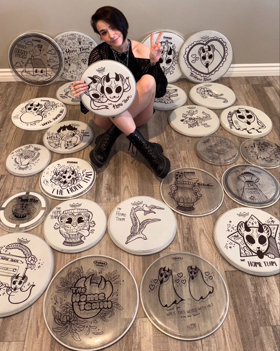 Commission real artists 💜✨

25 drum heads done for The Home Team! Stoked to be asked to do this project &amp; be fortunate enough to continue to make these for them 🫶
