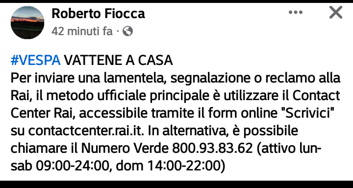 Mariaro84538838's tweet image. 🔴 Per chi vuole inviare una segnalazione alla #Rai sulla vicenda del portavoce del governo dei mafiosi, #BrunoVespaVatteneACasa
👇