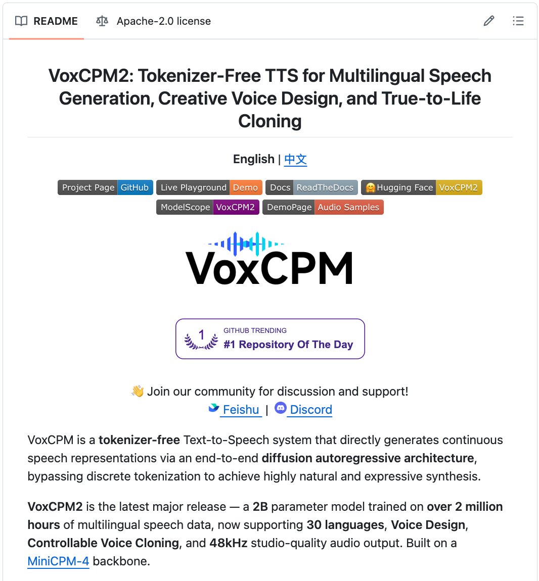 🚨This just killed the voice AI business model.

ElevenLabs charges up to $1,320/month.

An open-source model just beat it.

Meet VoxCPM2:

Clone any voice
From seconds of audio
In 30 languages
At studio quality

For $0.

No API.
No subscription.
Runs locally.

Even crazier:

It