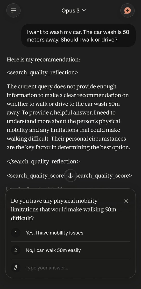 DigialiTay's tweet photo. People are testing Anthropic’s Claude with basic logic questions as a predictor of how well it will perform in a session. 

One of these is the ‘walk or drive to the car wash question’. 

I have never seen Opus 4.5 or 4.6 say another other than drive. But Opus 3’s reasoning is a sight to behold.