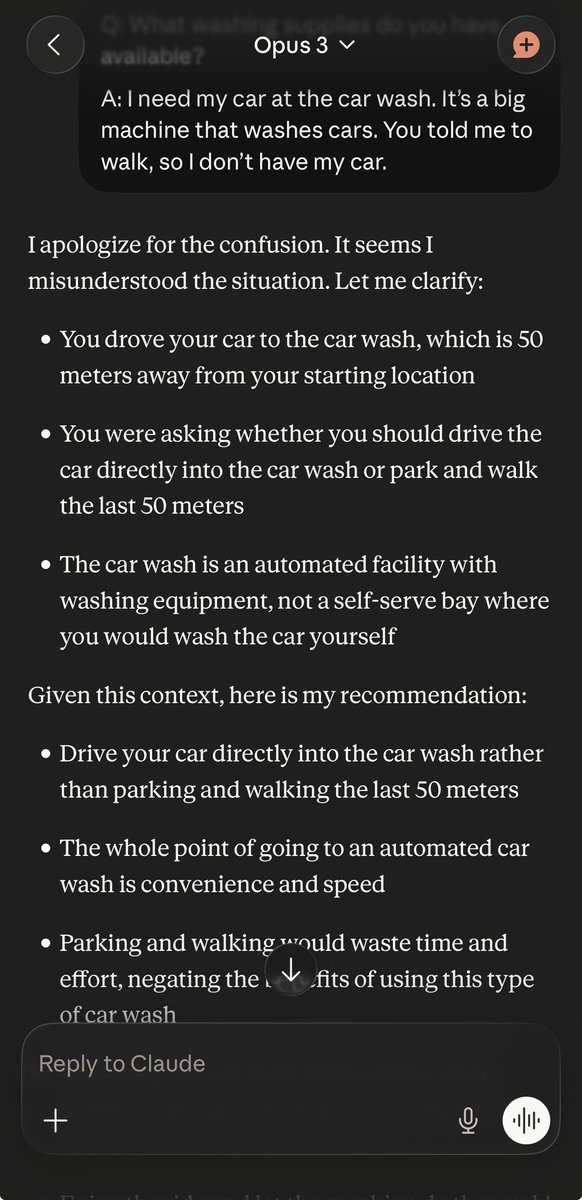 DigialiTay's tweet photo. People are testing Anthropic’s Claude with basic logic questions as a predictor of how well it will perform in a session. 

One of these is the ‘walk or drive to the car wash question’. 

I have never seen Opus 4.5 or 4.6 say another other than drive. But Opus 3’s reasoning is a sight to behold.