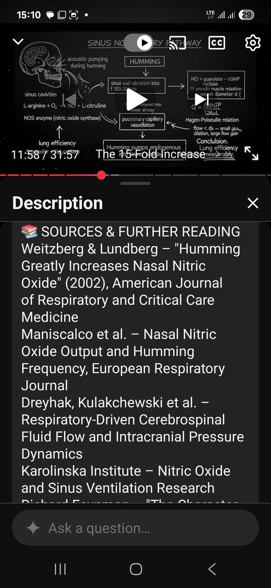 mariawirth1's tweet photo. In recent times I came across several videos which advocate 'humming' for health benefits.

They don't mention that Bhramari is part of the ancient Indian Pranayam tradition.
"sources" are given, yet all Western, example screenshot.
Yes, they explain the physiology but shouldn't they mention the original discovery?

In India, during Covid time, Bhramari Pranayam was recommended because it increases nitric oxide.
@yogrishiramdev @PypAyurved