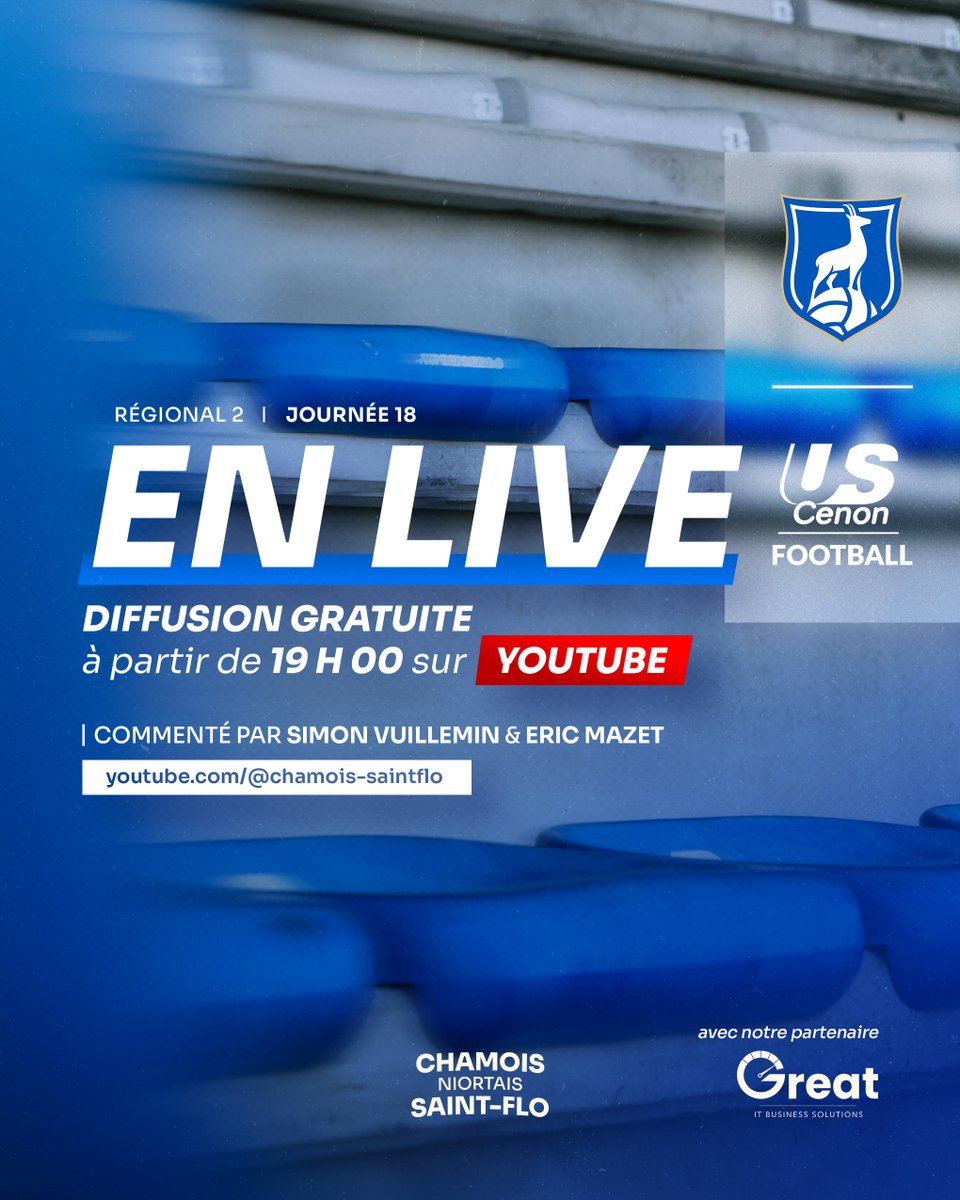 ChamoisStFlo's tweet photo. 📺 𝐋𝐢𝐯𝐞 𝐘𝐨𝐮𝐓𝐮𝐛𝐞

CNSF 🆚 US Cenon à suivre en direct 👇
https://t.co/X3NNqcpV0X

🎙️ Simon Vuillemin &amp; Éric Mazet aux commentaires

Mais le mieux reste le stade 💙⚽

🤝 Avec le soutien de Great https://t.co/56bkH6u48d