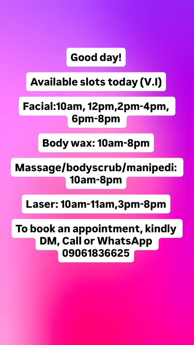 Good day!

Available slots today Saturday , 11/04/2026
To book an appointment, kindly DM or  WhatsApp:

Ikoyi branch: wa.me//+2349013134945
V.I branch: wa.me//+2349061836625