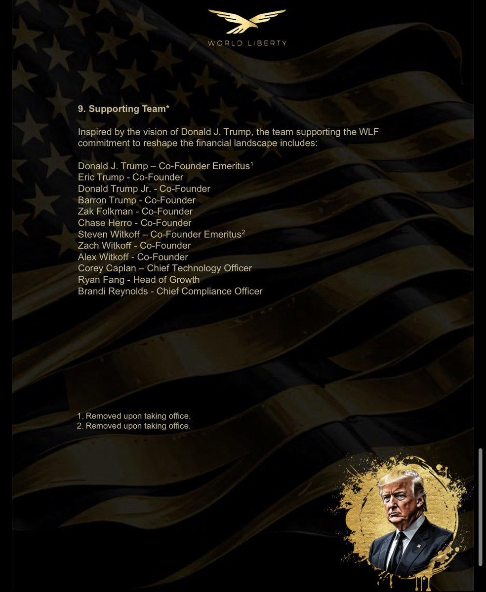 clazn0x's tweet photo. As of today, they are still listed as co-founders in the official $WLFI document, and Donald J. Trump continues to reflect this in his X biography. https://t.co/P2ZzEhCUd9