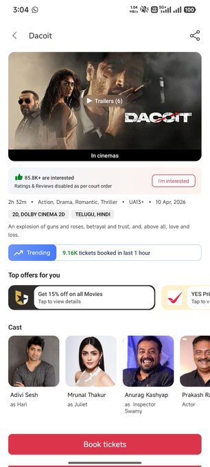 abhinav13_47's tweet photo. Bookings trend chusthe clear ga ardham 🔥  
Day 2 numbers Day 1 ni cross chese chance undi 💥  
Audience support strong  
#Dacoit #DacoitBlockbuster https://t.co/Nh5g9YIaHV
