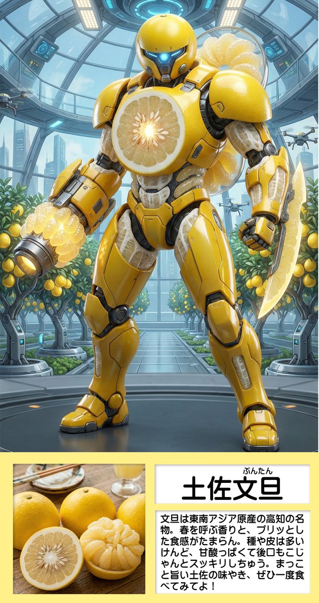 hashimura55's tweet image. ロボットで語る 土佐の食材★第１夜
🍊ぶんたんロボ🍊
高知を代表する柑橘・土佐文旦！！めっちゃ美味しくて、県外からお取り寄せをする愛好者も多いです✨
★今夜から９夜連続で、高知の食材を紹介します😊🎵#高知愛 #GenAI