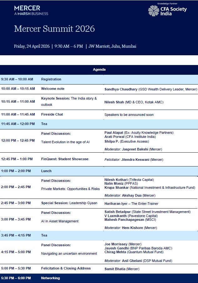 CFASocietyIndia's tweet image. We are delighted to be the '#Knowledge #Partner' for Mercer Summit 2026. 

See you in JW Marriott, Juhu, Mumbai on 24 April 2026, looking forward to an afternoon of high-quality perspectives and #dialogue.

Limited seats available! explara.com/e/mercer-summi…