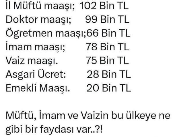 gizli378156933's tweet photo. Bir ülkenin önceliklerini maaş bordrolarından okuyabilirsiniz. 

Doktor: 99 Bin TL
Öğretmen: 66 Bin TL
Müftü: 102 Bin TL

Sizce bir toplumun kalkınması için hangi meslek grubunun emeği daha öncelikli konumlandırılmalı? 

Liyakat ve katma değer bu tablonun neresinde? 👇

#Ekonomi #Maaşlar #Adalet