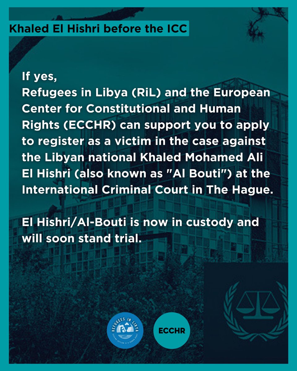 RefugeesinLibya's tweet image. Khaled El Hishri now stands before the ICC. This is not only the trial of one man. It is a rare opening on the situation in Libya since 2011 where so much has been buried, denied, or forgotten.

If you were detained in Mitiga Prison between 2015 and early 2020, or if someone you