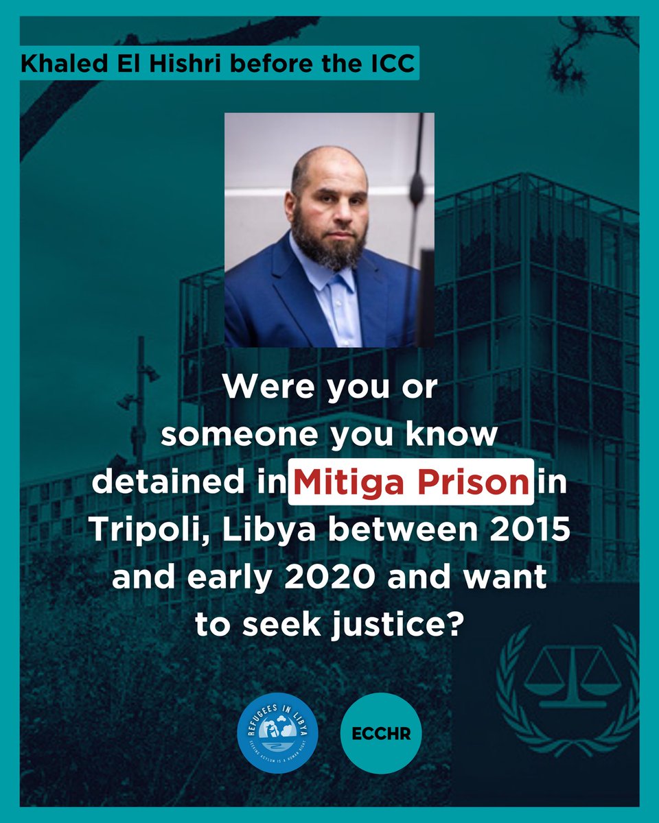 RefugeesinLibya's tweet image. Khaled El Hishri now stands before the ICC. This is not only the trial of one man. It is a rare opening on the situation in Libya since 2011 where so much has been buried, denied, or forgotten.

If you were detained in Mitiga Prison between 2015 and early 2020, or if someone you