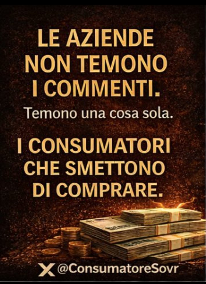 🎯 Le aziende non ascoltano le proteste. Ascoltano i bilanci.
Cambiando acquisto, dettiamo noi la legge del mercato.
Unisciti a noi 🎯
<a href="/ConsumatoreSovr/">Consumatore Sovrano ©️👑</a> 
#ILMERCATOSIAMONOI
#1MILIONE