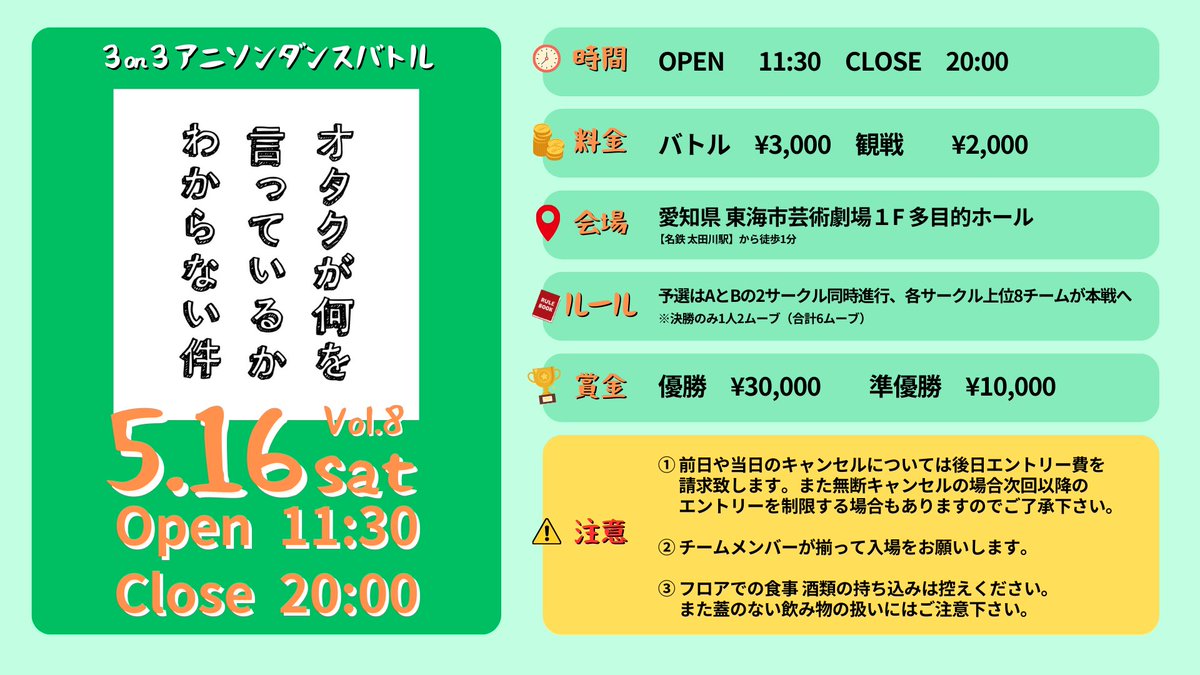apop_otaken's tweet photo. 第８回 ＃オタ件 は3on3！
下記フォームよりエントリーお願いします
エントリー〆切は5/14 23:59です

※〆切後は当日エントリー（料金＋¥500）扱いとさせていただきます

バトル参加
https://t.co/Bs9esJyFOC

観戦
https://t.co/IwmedJw8eW

エントリーリスト
https://t.co/Cje1f1Ex3F https://t.co/4ZBgK7FJ9G
