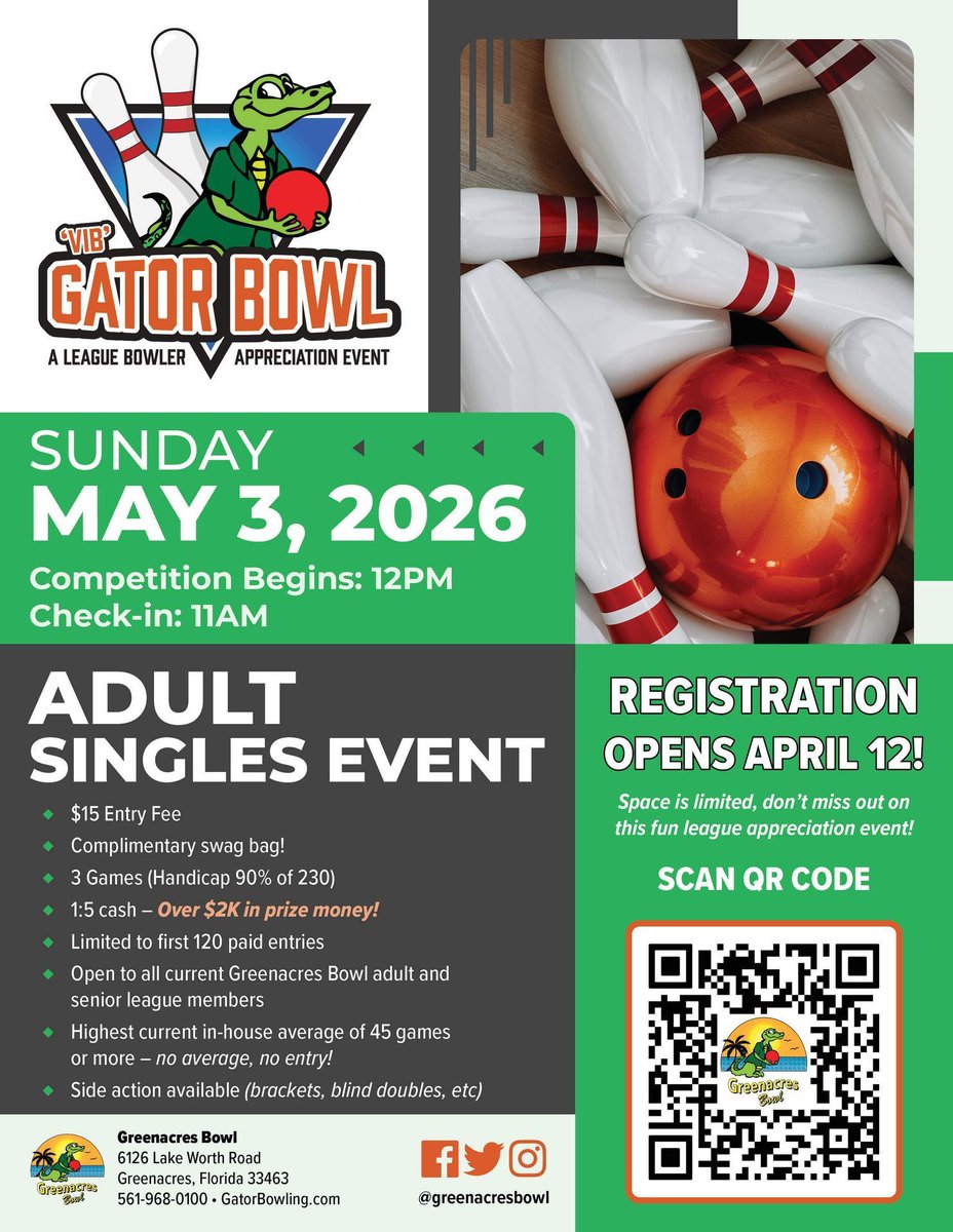 Registration opens TOMORROW!!

We are hosting our 4th Annual "Gator Bowl" League Appreciation Event on Sunday, May 3rd, 2026—exclusively for our league members! Space is limited to the first 120 entries. INFO 👉 buff.ly/3Ky3btM

#bestbowlingpbc #gatorbowlingrocks