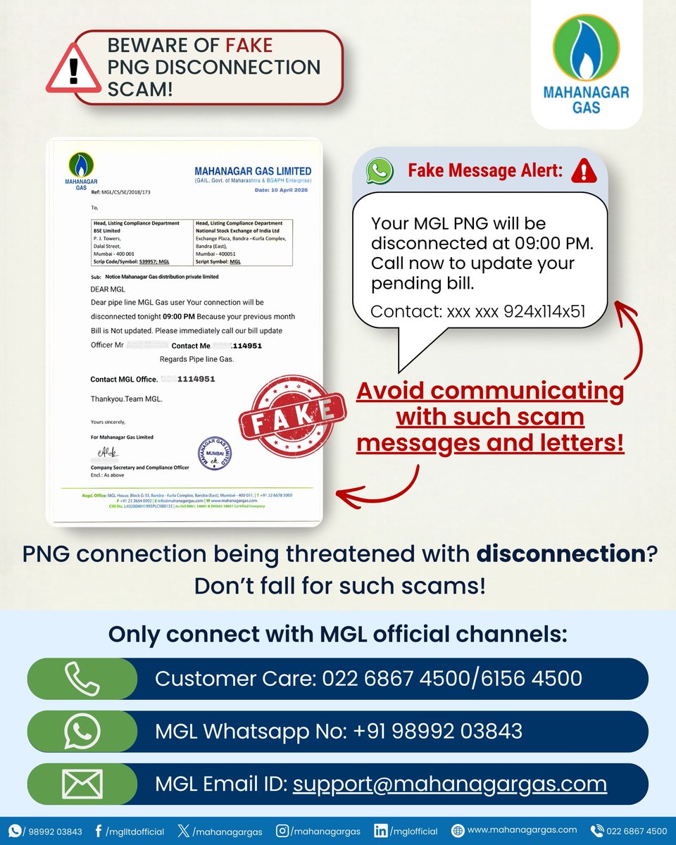 mahanagargas's tweet image. #ScamAlert | #MGLUpdate
Beware of fake PNG disconnection messages and scam calls!

MGL DOES NOT send threats of disconnection through suspicious messages, asking to download APKs, or asking customers to contact unknown numbers for bill updates.

For any authentic communication,
