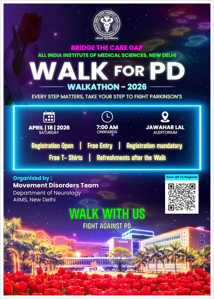 aiims_newdelhi's tweet photo. Walk with AIIMS Delhi for Parkinson’s awareness at Walkathon 2026 on April 18, 7 AM at Jawaharlal Auditorium. Registration is mandatory.
Scan QR to register 

 #WalkForPD #ParkinsonsAwareness #AIIMSDelhi https://t.co/yWup1wFwVl