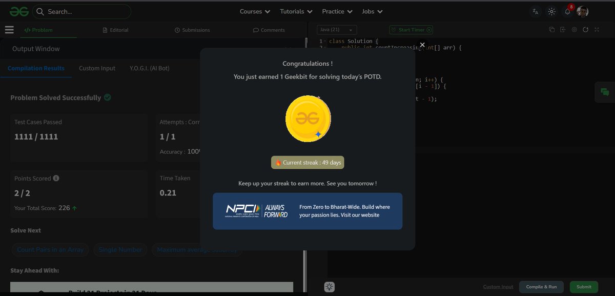 krishgtr214's tweet photo. Day49/60                                     
Solved today’s #ProblemOfTheDay –  Count increasing Subarrays
@geeksforgeeks
and earned my 97th  Geekbit!  
ID - krishgzzfn

@NPCI_NPCI
Today's Problem Statement was a Easy one.      
#geekstreak60 #npci https://t.co/j70447Ls1Z