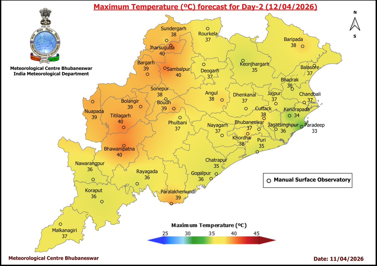 mcbbsr's tweet image. Maximum Temperature Forecast for next 5 days
#Odisha #hot #temperature