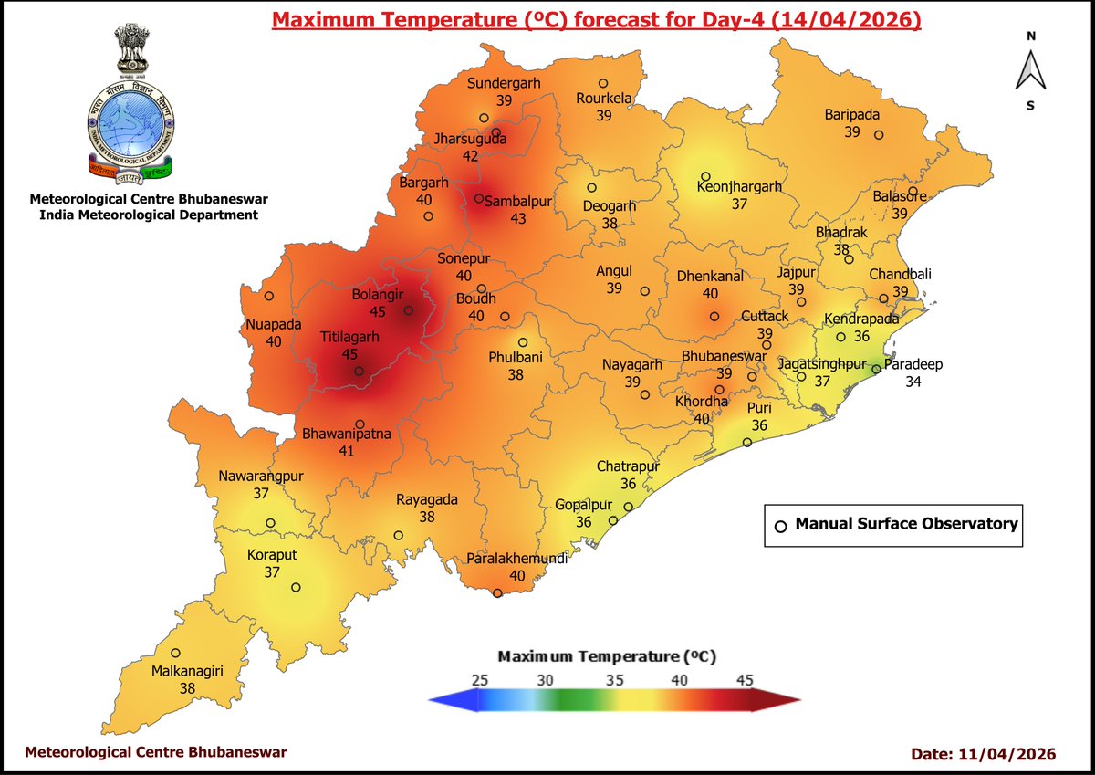 mcbbsr's tweet image. Maximum Temperature Forecast for next 5 days
#Odisha #hot #temperature