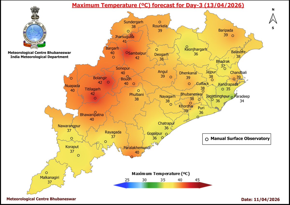 mcbbsr's tweet image. Maximum Temperature Forecast for next 5 days
#Odisha #hot #temperature
