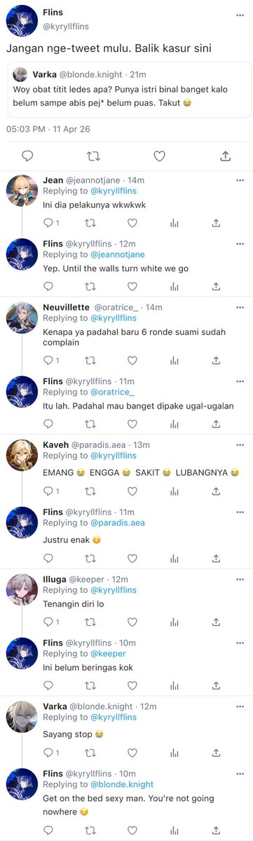 #varflins one tweet

flins yang napsunya gak abis-abis dan varka dengan buwung lecetnya