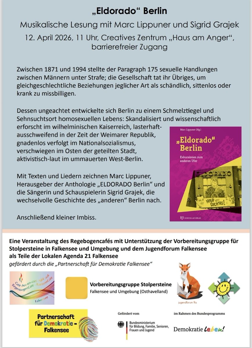 Regenbogencafe's tweet photo. Morgen findet um 11 Uhr am Haus am Anger eine musikalische Lesung statt. Zusammen mit der Stolpersteingruppe und dem Jugendforum präsentieren wir den Autor von "Eldorado Berlin" Marc Lippuner und die wunderbare Sigrid Grajek.
❤️🧡💛💚💙💜
#Falkensee #Queer #Lesung #LGBTQ https://t.co/hKlCq3yGFo