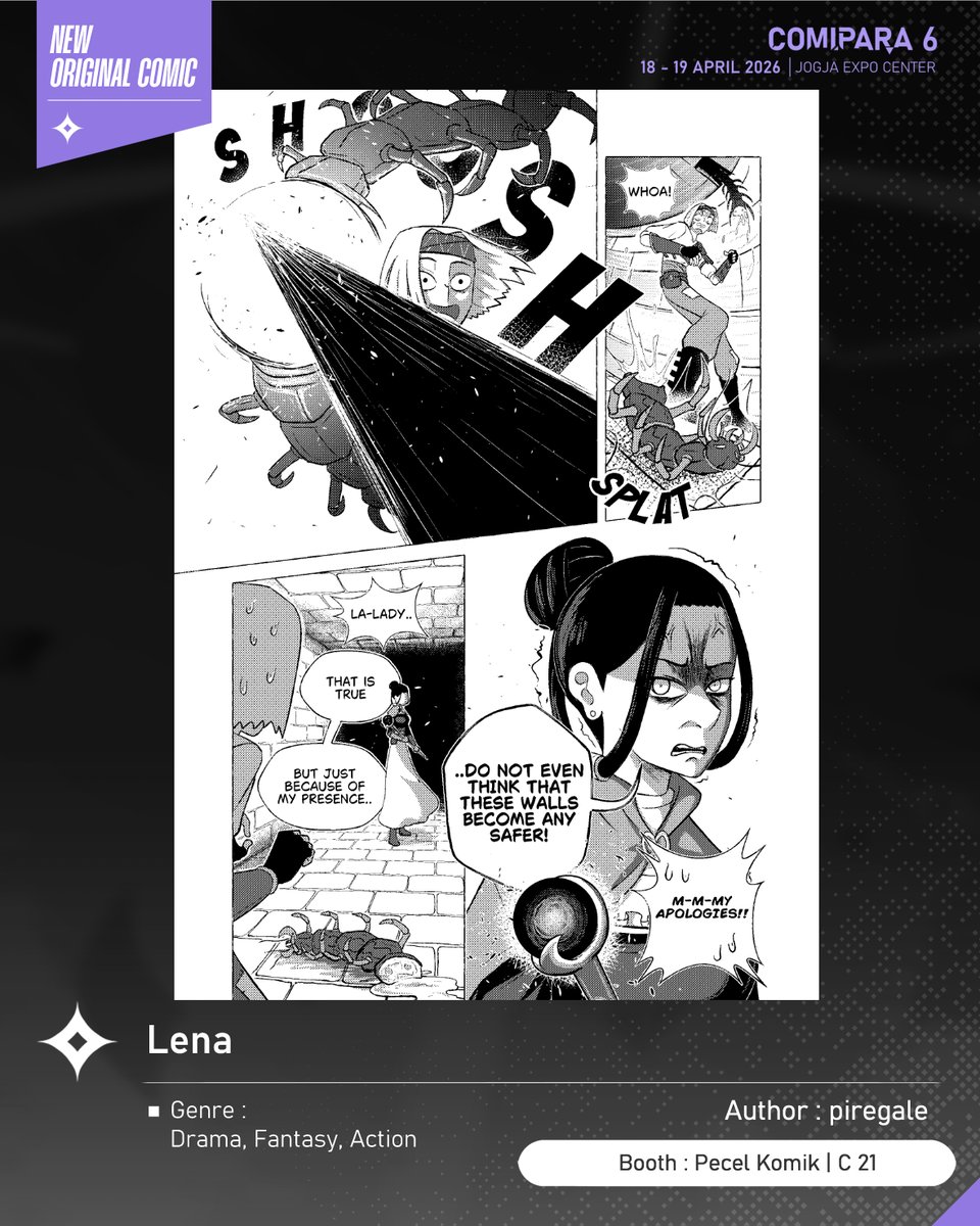 comipara_id's tweet image. [COMIC RAID]
Author: piregale
Booth: C 21  -  Pecel Komik

Ada juga komik baru karya Kak piregale, berjudul "Lena" yang akan dijual di Comipara 6 besok lho!

Sampai ketemu di venue! ✨

Comipara 6
18-19 April 2026
Jogja Expo Center

"Connect your passion!"

#comicraid6