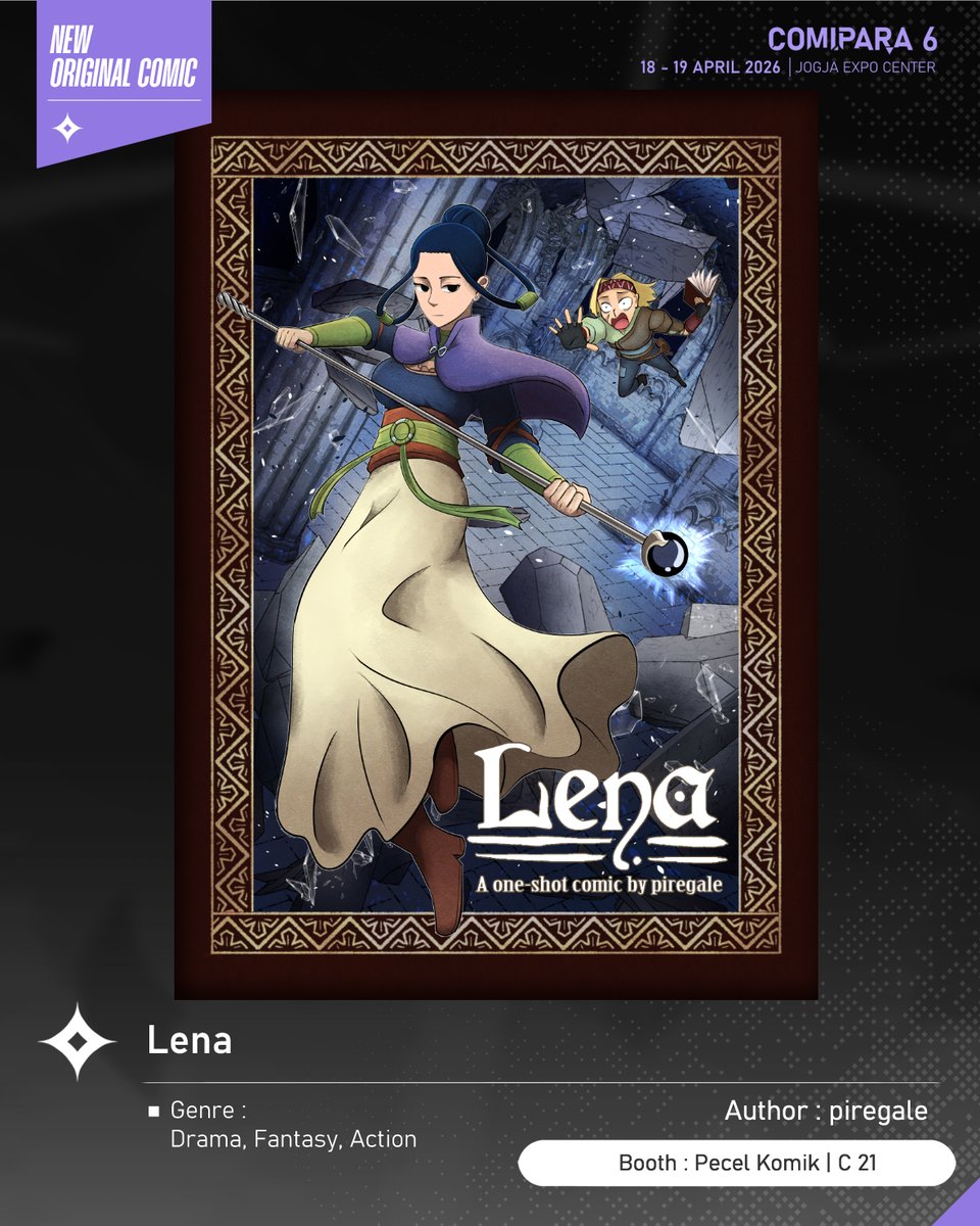 comipara_id's tweet image. [COMIC RAID]
Author: piregale
Booth: C 21  -  Pecel Komik

Ada juga komik baru karya Kak piregale, berjudul "Lena" yang akan dijual di Comipara 6 besok lho!

Sampai ketemu di venue! ✨

Comipara 6
18-19 April 2026
Jogja Expo Center

"Connect your passion!"

#comicraid6