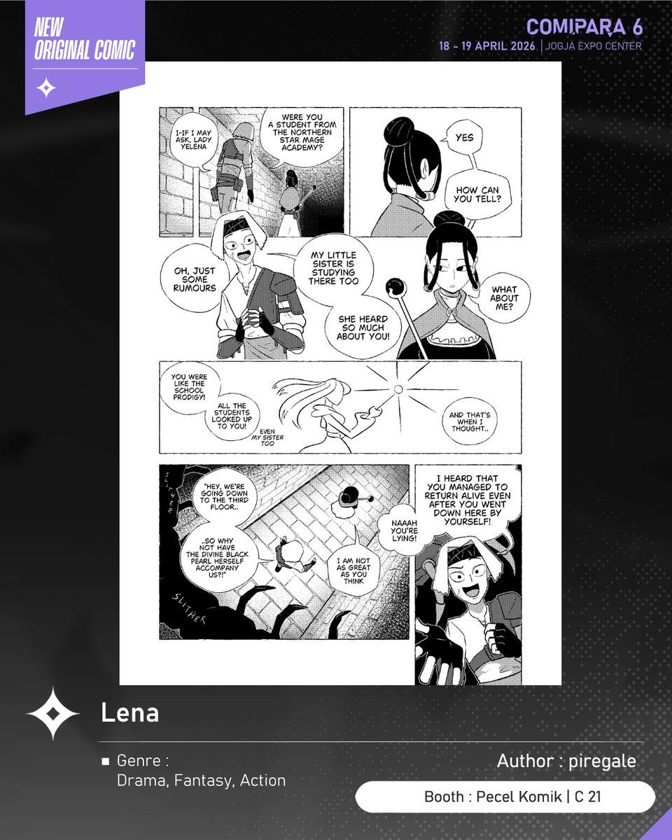 comipara_id's tweet image. [COMIC RAID]
Author: piregale
Booth: C 21  -  Pecel Komik

Ada juga komik baru karya Kak piregale, berjudul "Lena" yang akan dijual di Comipara 6 besok lho!

Sampai ketemu di venue! ✨

Comipara 6
18-19 April 2026
Jogja Expo Center

"Connect your passion!"

#comicraid6