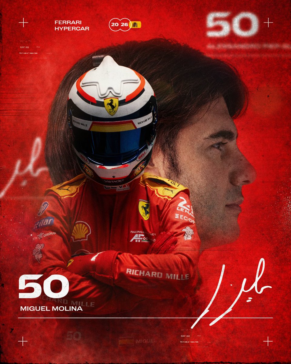 Miguel Molina 👤🇪🇸

In 2026 the Spaniard enters his 10th season with Ferrari as an official factory driver, hungry for more success at the helm of the #50 499P. Two years ago, Molina wrote his name into the history books as only the third Spanish driver to win the 24H Le Mans