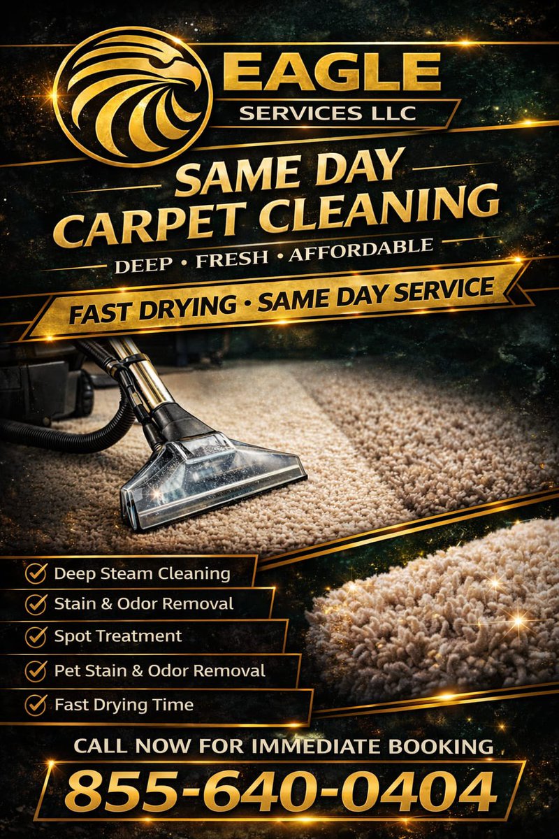 ✨ SAME DAY CARPET CLEANING IS HERE! 🧼🏠
Need your carpets looking fresh TODAY? Eagle Services LLC delivers professional carpet cleaning with deep steam cleaning, stain &amp; odor removal, pet stain treatment, and fast drying time — all with a premium touch you can trust.
✅ Deep