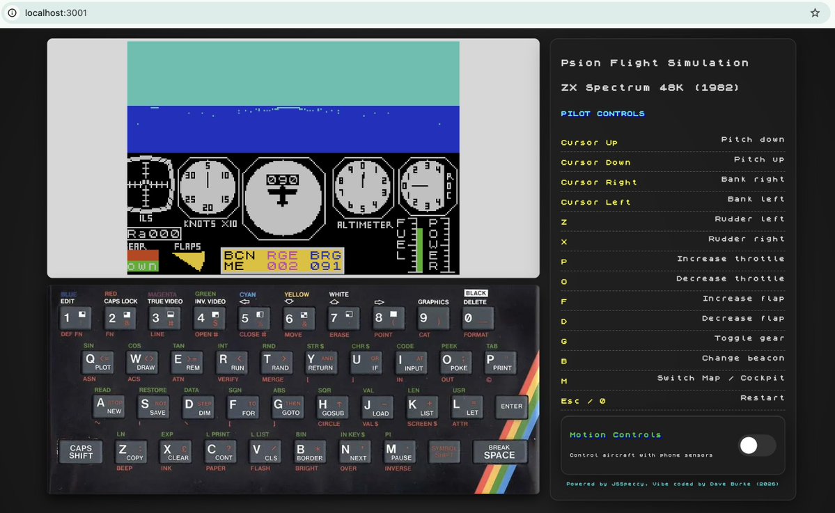 ZX Spectrum Flight Simulation 1982 recreated in Chrome with virtual keyboard, cockpit instruments, and motion controls