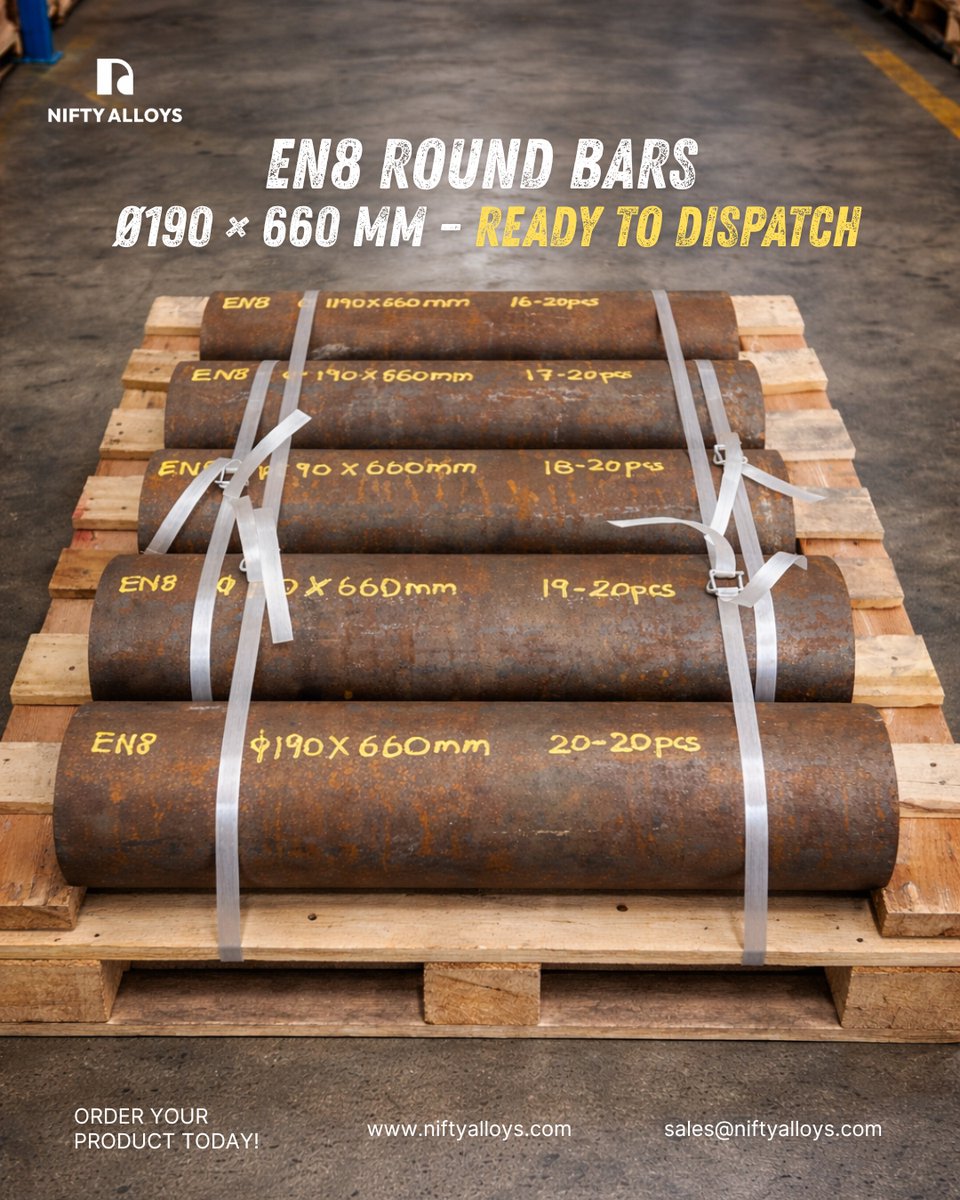 AlloysNift2402's tweet image. 𝗘𝗡𝟴 𝗥𝗼𝘂𝗻𝗱 𝗕𝗮𝗿𝘀 – 𝗥𝗲𝗮𝗱𝘆 𝘁𝗼 𝗗𝗶𝘀𝗽𝗮𝘁𝗰𝗵
✔ Size: Ø190 × 660 mm
✔ Consistent quality
✔ Ready stock
🌐 niftyalloys.com
📧 sales@niftyalloys.com

#EN8 #NiftyAlloys #ReadyToDispatch