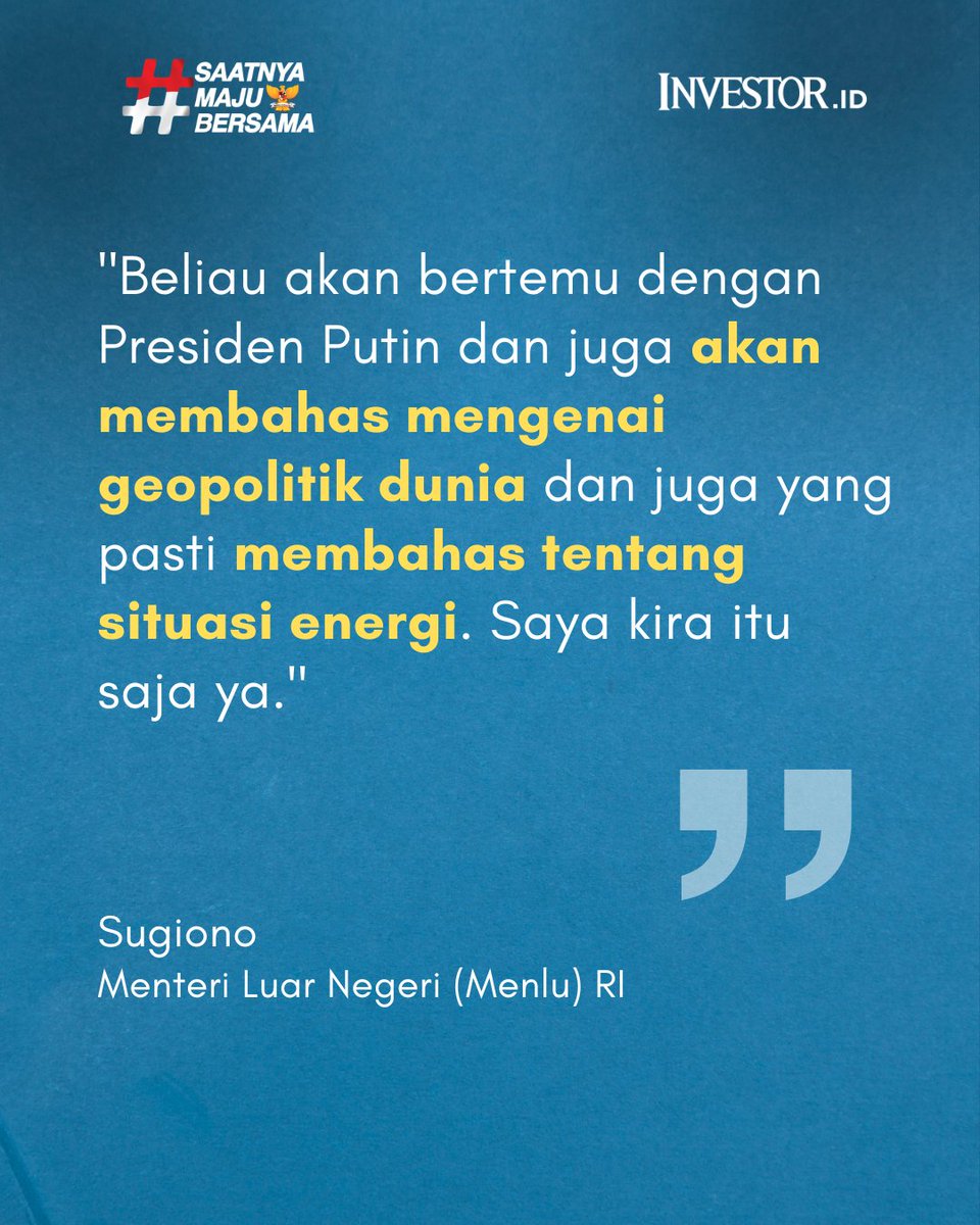 InvestorID's tweet image. Presiden Prabowo Subianto dijadwalkan melakukan kunjungan kerja ke Rusia pada pekan ini, Sabtu (11/4/2026). 

Baca terus investor.id dan unduh aplikasi Investor Daily di iOS dan App Store!

#PrabowoSubianto #VladimirPutin #InvestorDaily #SaatnyaMajuBersama