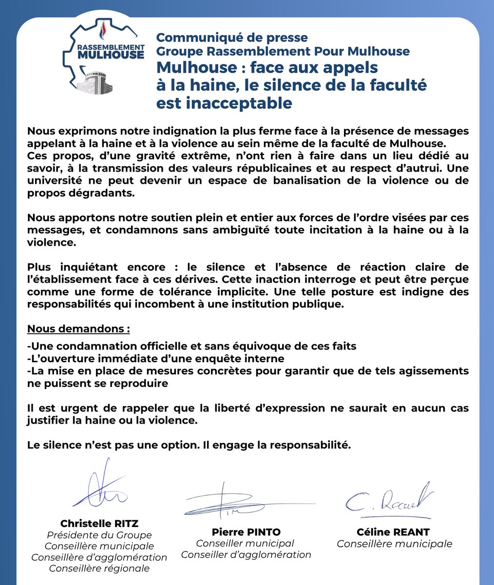 #Mulhouse : face aux appels à la haine, le silence de la faculté est inacceptable.