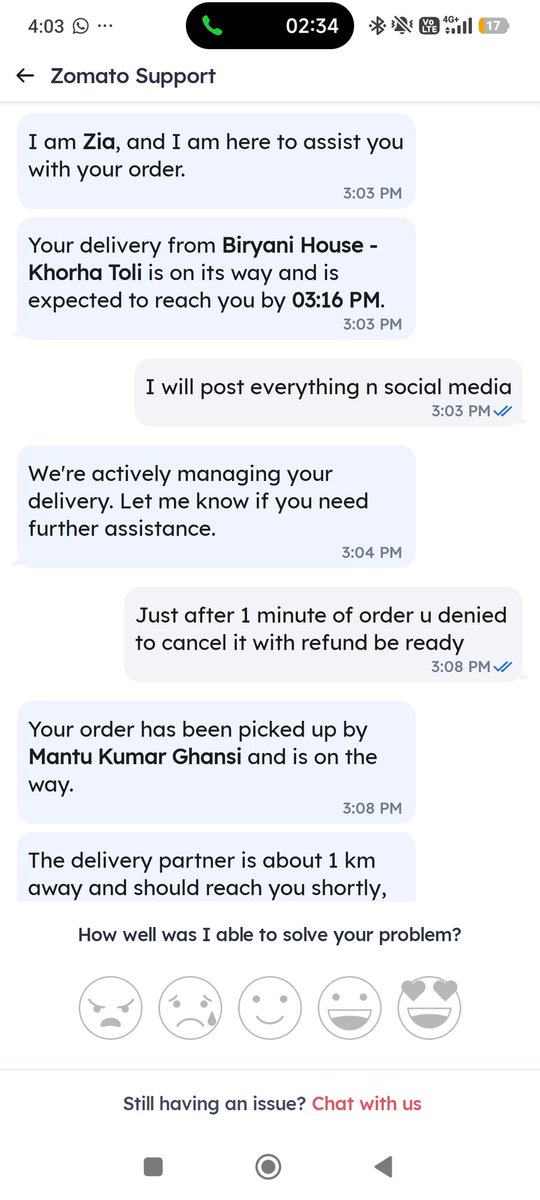 Asfaque_Ahmad's tweet photo. @zomatocare Within 1-2 minutes of order I requested to cancel my order to the executive but she said I will get half after 4-5 minutes of chat and after a few minutes she said I will not get any refund.
Bhai seriously prepaid order the ishliyea kya.
Ishliyea log COD krte hai. https://t.co/VrfMcydZa9