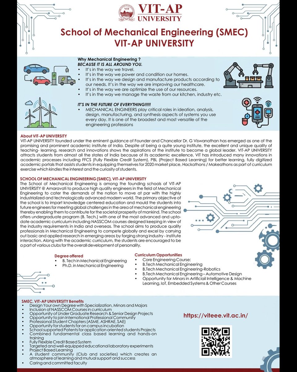 VITAPuniversity's tweet image. At VIT-AP University, the School of Mechanical Engineering (SMEC) offers a cutting-edge curriculum designed to mold students into global leaders capable of meeting modern industrial challenges.

Apply today: viteee.vit.ac.in

#VITAP #MechanicalEngineering #SMEC #Robotics