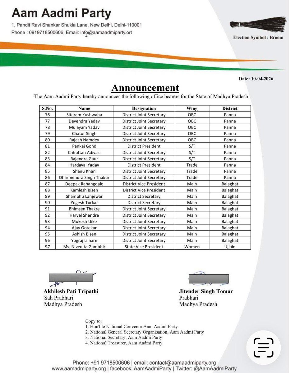 Announcement💫💫💫

संगठन विस्तार के तहत प्रदेश प्रभारी माननीय <a href="/JSTomarAAP/">Jitender Singh Tomar</a>  जी ने मध्यप्रदेश के 97 सदस्यीय प्रदेशस्तरीय एवं विभिन्न जिलों के पदाधिकारियों की घोषणा की।

 सभी नवनियुक्त पदाधिकारियों को हार्दिक बधाई।

🌺🌺🌺🌺🌺🌺🌺🌺🌺🌺🌺

#AAPforMP 
<a href="/ArvindKejriwal/">Arvind Kejriwal</a>