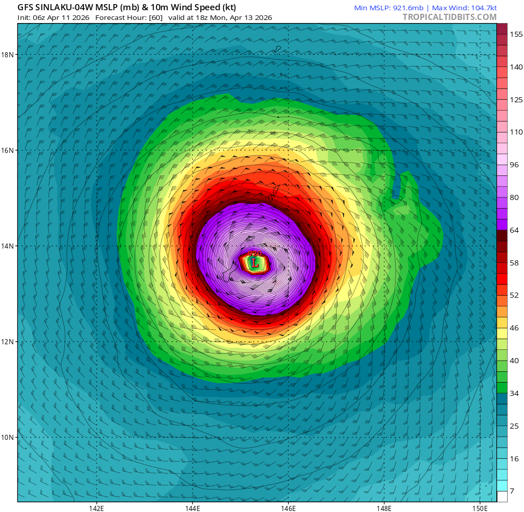 PaulBlight6's tweet photo. Typhoon #Sinlaku is on course to become a Super Typhoon before it reaches the Mariana Islands.   The storm currently in weak steering will begin to be steered NW'wards over the next few days.  
The HAFS-A takes the storm to between Rota and Guam.  Winds near 130knts. HWRF over Rota. GFS nearer to Guam.   
It looks to be a very significant Typhoon to pass through the Mariana Islands.  Deep Mind prefers a more NNW Track into the northern more islands.  

Super Typhoon Mawar passed close by in May 2023.