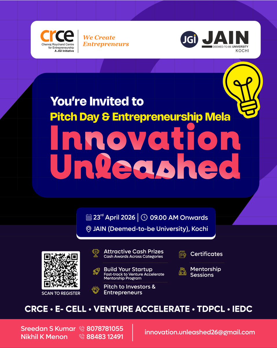 jain_kochi's tweet image. A warm invitation to be part of something truly transformative.

#JainUniversityKochi is conducting #PitchDay2026 - #InnovationUnleashed, bringing together aspiring #entrepreneurs, innovative thinkers &amp;amp; future leaders under one roof.

#StartupIndia #FutureFounders #StartupLife