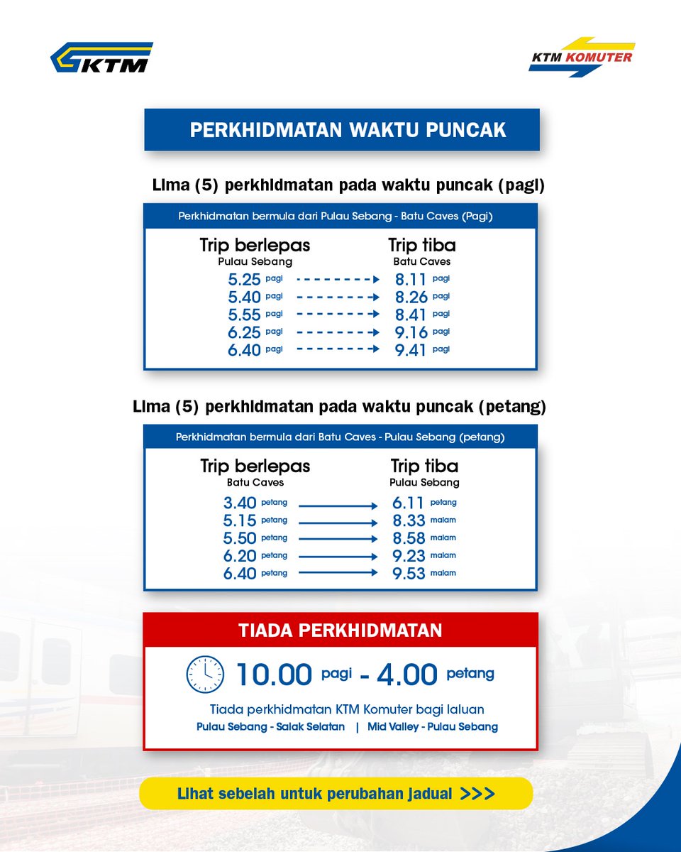 ktm_berhad's tweet photo. 𝐈𝐍𝐅𝐎 𝐓𝐄𝐑𝐊𝐈𝐍𝐈 𝐔𝐍𝐓𝐔𝐊 𝐏𝐄𝐍𝐆𝐆𝐔𝐍𝐀 𝐊𝐓𝐌 𝐊𝐎𝐌𝐔𝐓𝐄𝐑

Bermula 18 April 2026, akan berlaku perubahan jadual operasi bagi laluan Pulau Sebang - Batu Caves  – Pulau Sebang. https://t.co/u90K0LBM0f
