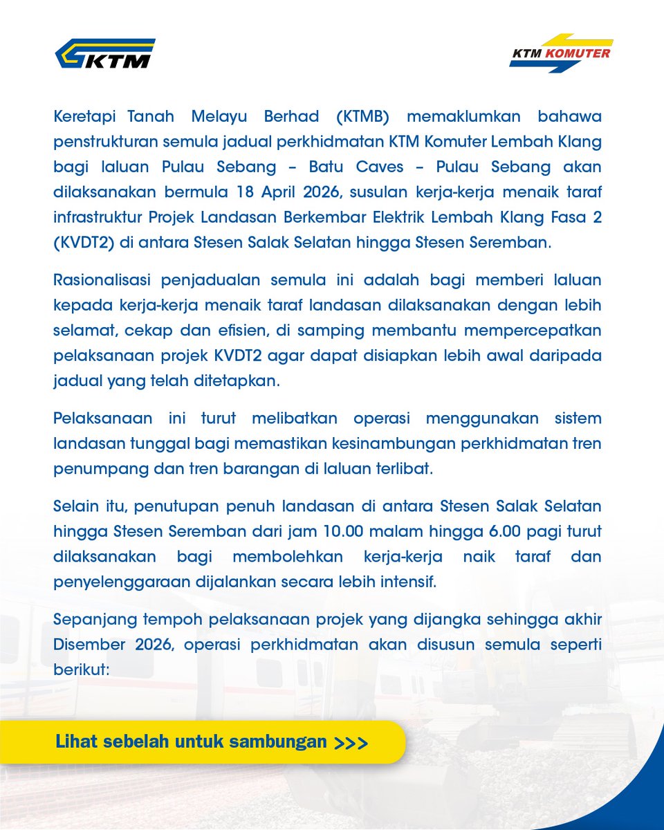 ktm_berhad's tweet photo. 𝐈𝐍𝐅𝐎 𝐓𝐄𝐑𝐊𝐈𝐍𝐈 𝐔𝐍𝐓𝐔𝐊 𝐏𝐄𝐍𝐆𝐆𝐔𝐍𝐀 𝐊𝐓𝐌 𝐊𝐎𝐌𝐔𝐓𝐄𝐑

Bermula 18 April 2026, akan berlaku perubahan jadual operasi bagi laluan Pulau Sebang - Batu Caves  – Pulau Sebang. https://t.co/u90K0LBM0f
