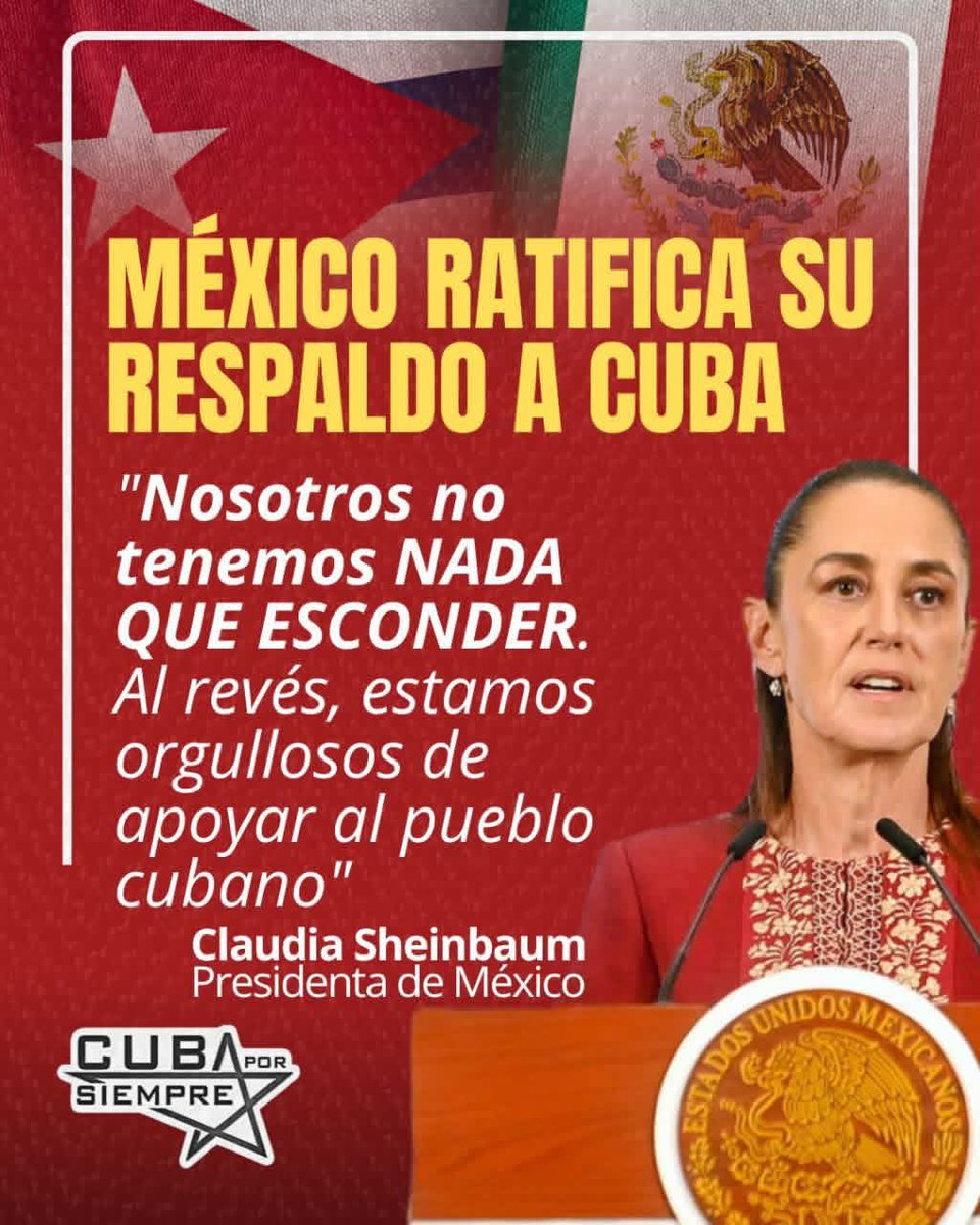 La presidenta Claudia Sheinbaum desmiente que México haya reservado información #Cuba: “No tenemos nada que esconder”.  
🇲🇽🤝🇨🇺 El apoyo forma parte de la mejor tradición diplomática y solidaria de México: fraternidad, respeto y cooperación entre pueblos. 
#CubaNoEstáSola