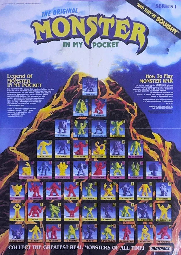 reactionfigure's tweet image. Monster in My Pocket is a media franchise developed by American company Morrison Entertainment Group. Small, soft plastic figures representing monsters and other characters were produced by Matchbox in 1990. In its first run, eleven series of figures were released.