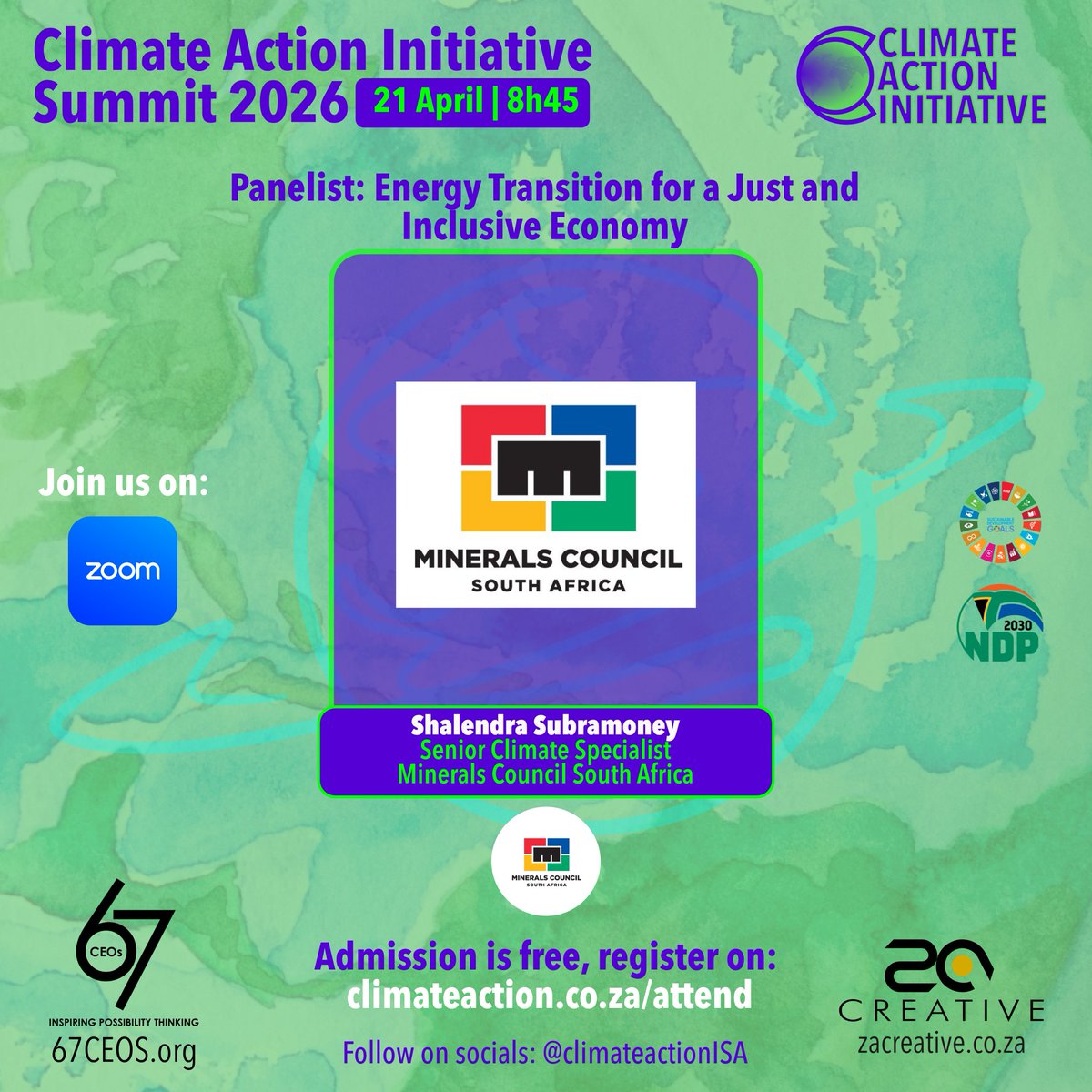Topic: Energy Transition for a Just and Inclusive Economy

Speakers:
Shalendra Subramoney, Senior Climate Specialist, Minerals Council
Dr Vikesh Rajpaul, General Manager, Just Energy Transition (JET), Eskom

This session will unpack the realities of South Africa’s energy