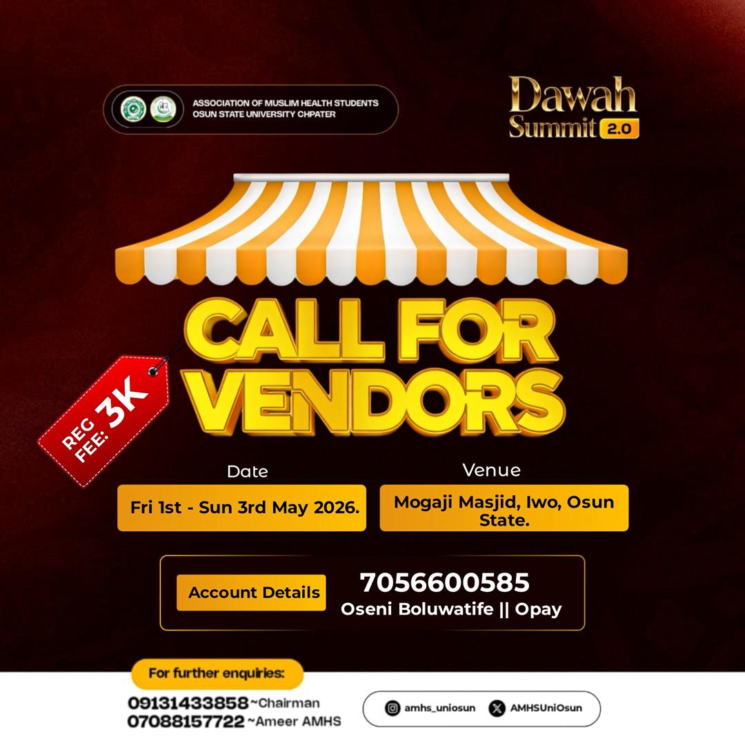 AMHSUniosun's tweet image. CALLING ALL VENDORS, CALLING ALL BRAND OWNERS.🎉🎉
Another spicy addition to the Da’wah Summit 2.0. 🔥

An amazing opportunity to showcase your brand, connect with potential customers, and boost your sales. 😎

From books to fashion, anything and everything. This is your chance