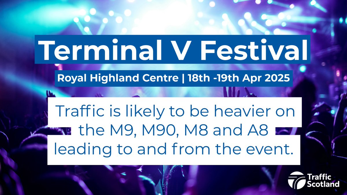 trafficscotland's tweet image. Heading to Terminal V Festival next weekend? 🪩 

Traffic is expected to be heavier than usual over the Queensferry Crossing, on the #M90, #A8, #M8 and #A720 

#PlanAhead with our route checker at traffic.gov.scot 

More info👉 shorturl.at/97TEC