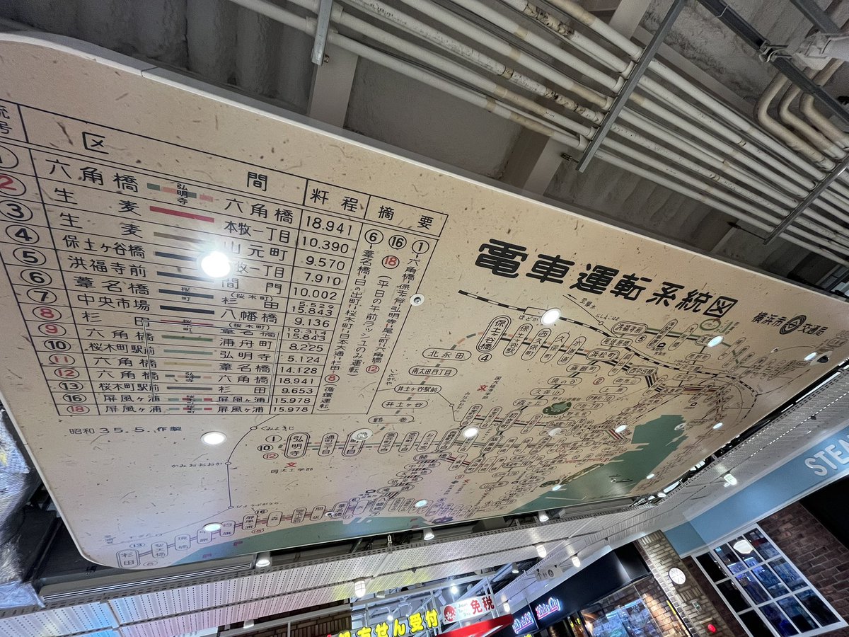 天井に最盛期の横浜市電の路線図があるCIAL桜木町内にある市電マップ